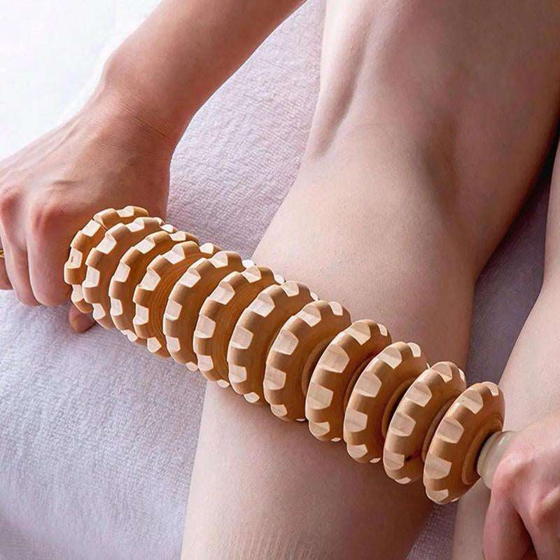 12-Wheel Wooden Massage Roller - Ultimate Manual Body Massager for Muscle Relaxation & Stress Relief at Home or On-the-Go