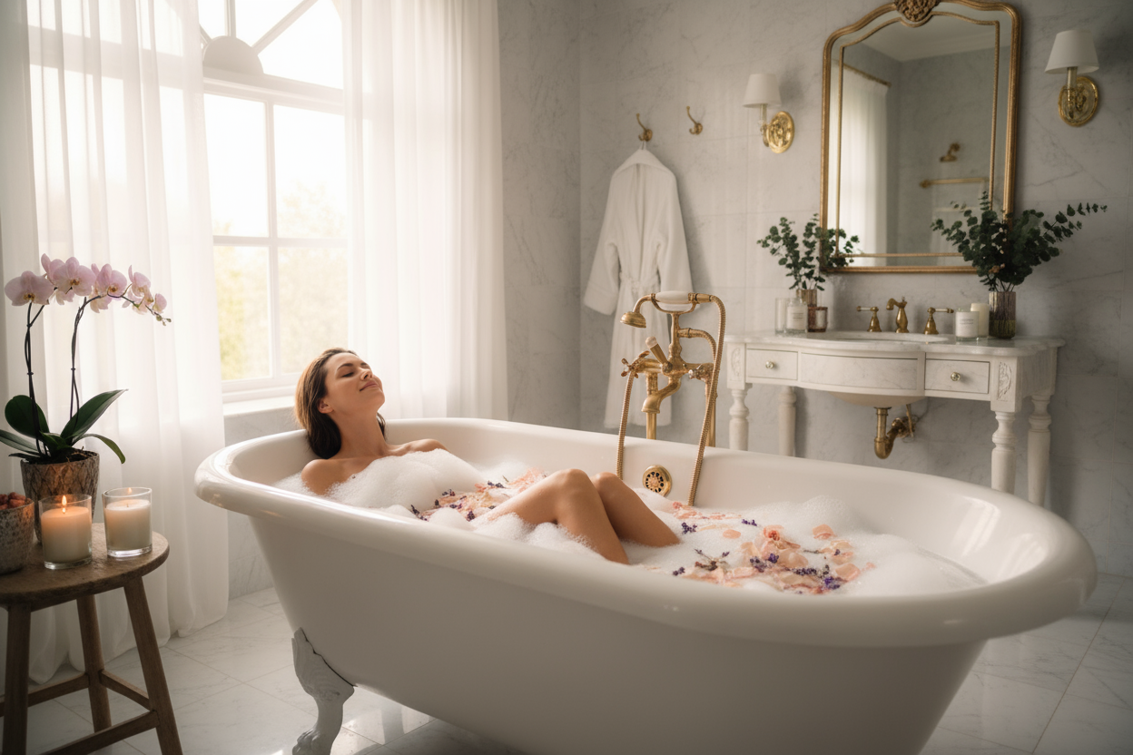 Frau in Badewanne mit Schaum und Blüten bedeckt