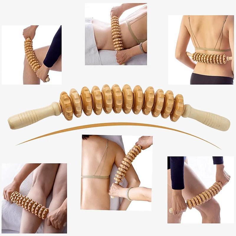 12-Wheel Wooden Massage Roller - Ultimate Manual Body Massager for Muscle Relaxation & Stress Relief at Home or On-the-Go