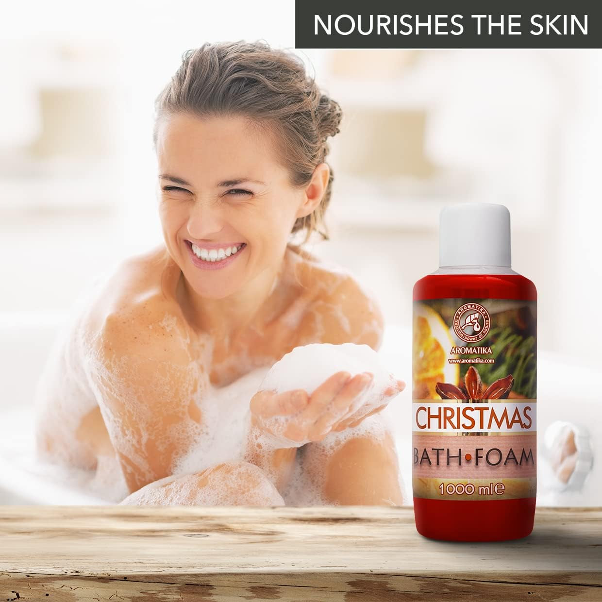 Weihnachtlicher Badeschaum mit ätherischem Öl - 1000 ml für entspannende Aromatherapie und erholsamen Schlaf