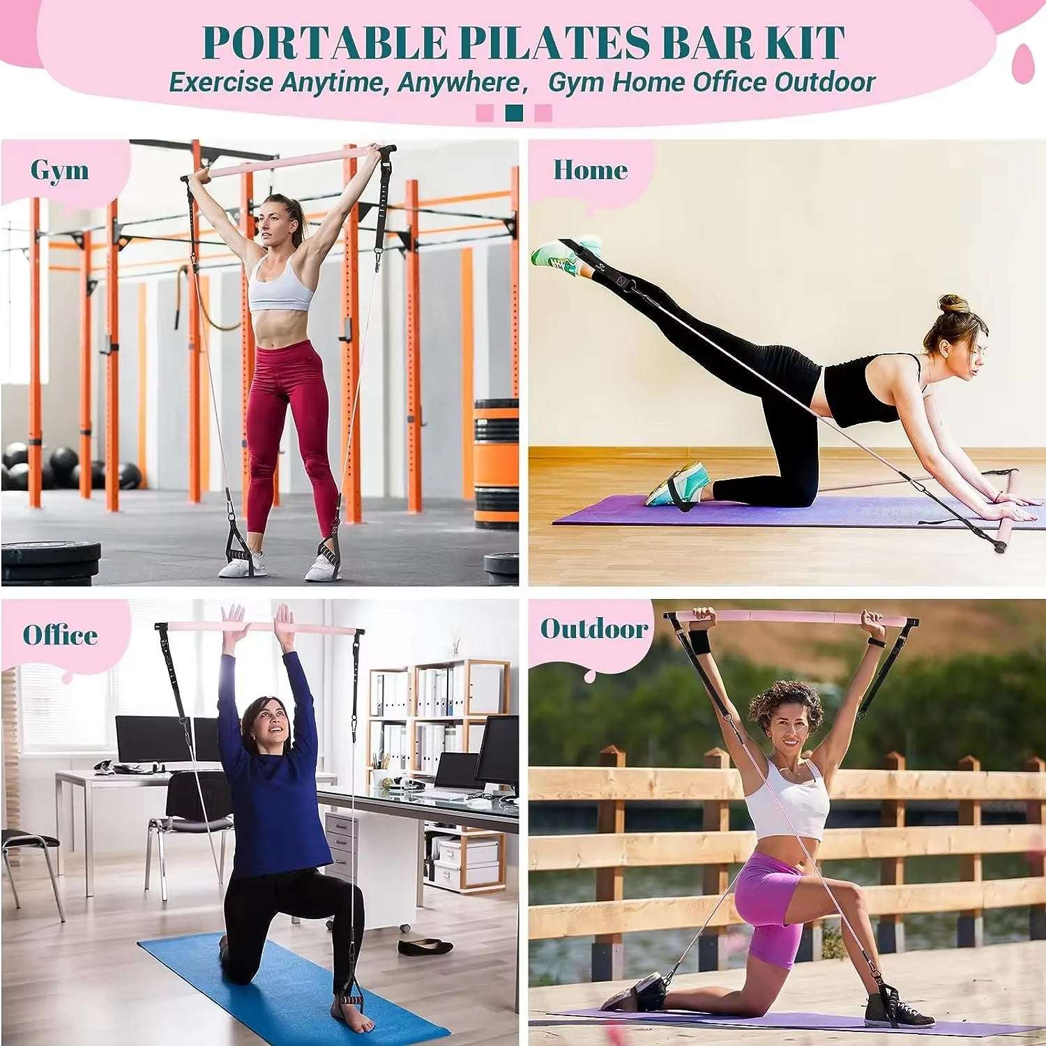 Fitness Yoga Pilates Bar Kit - Portable Full Body Home Gym with Resistance Bands for Women