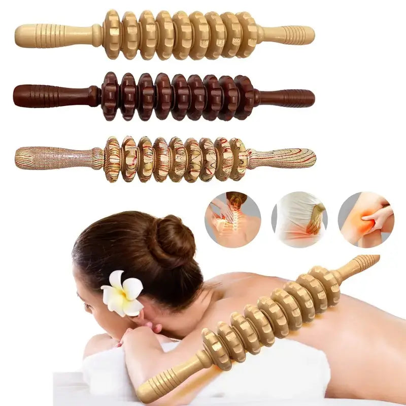 Transform Your Body with the 9-Wheel Wooden Abdomen Massager - Multifunctional Fitness Roller for Muscle Relaxation and Cellulite Reduction!